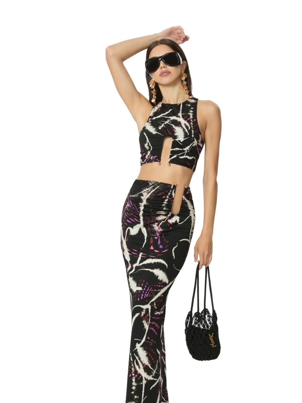 Black Abstract Cutout Crop Top & Skirt Set